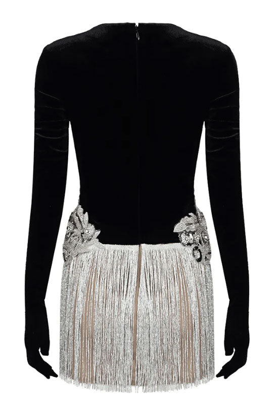Deep V Mesh Insert Floral Sequin Fringe Embellished Long Sleeve Mini Dress