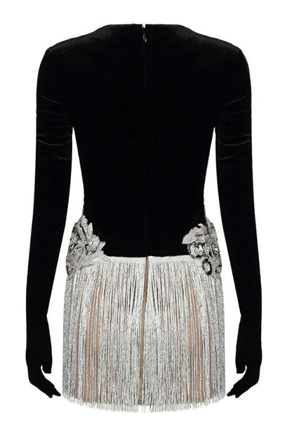 Deep V Mesh Insert Floral Sequin Fringe Embellished Long Sleeve Mini Dress