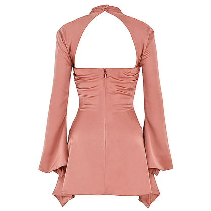 High Neck Chest Cutout Bell Sleeve Ruched Satin Mini Dress