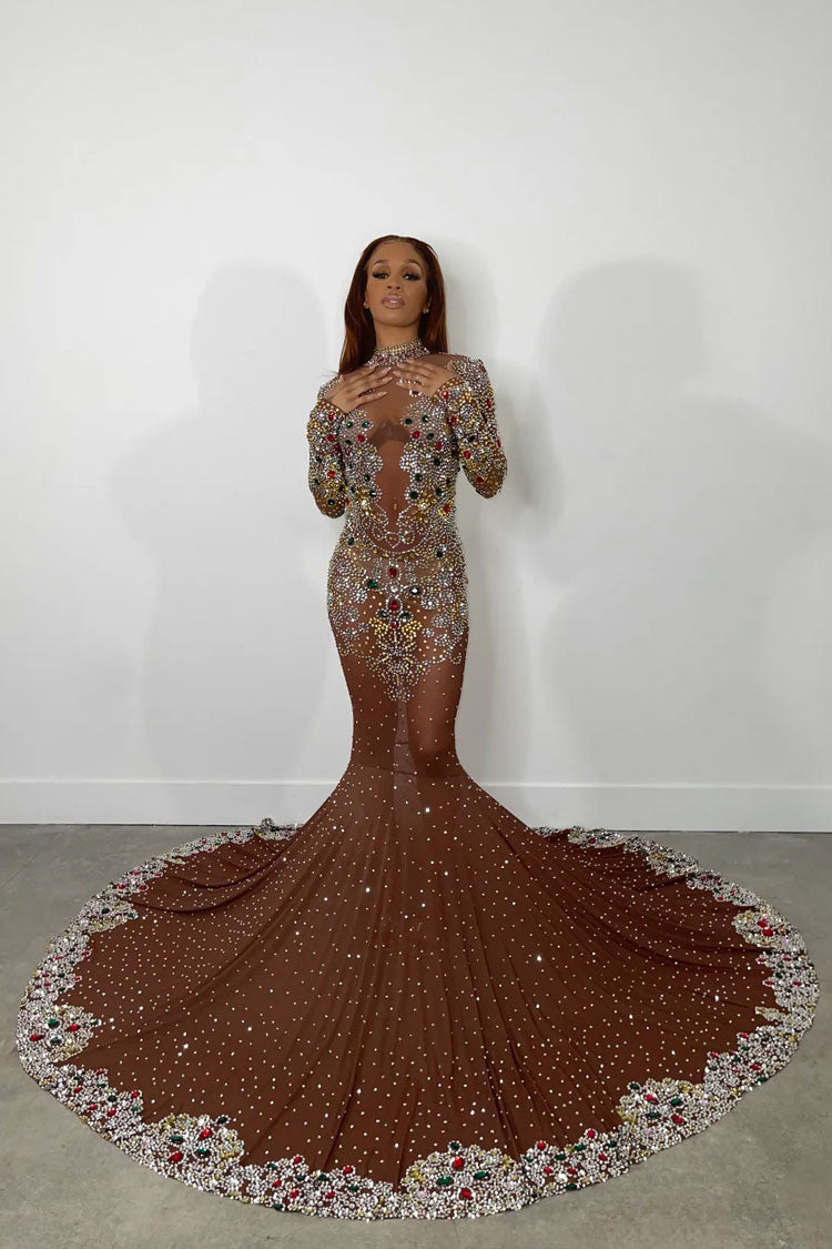 High Neck Long Sleeve Sheer Mesh Rhinestone Mermaid Train Maxi Gown