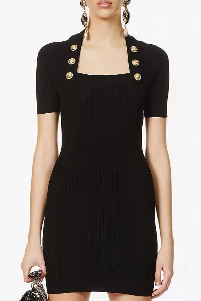 Metal Button Short Sleeve Rib Knit Mini Dress