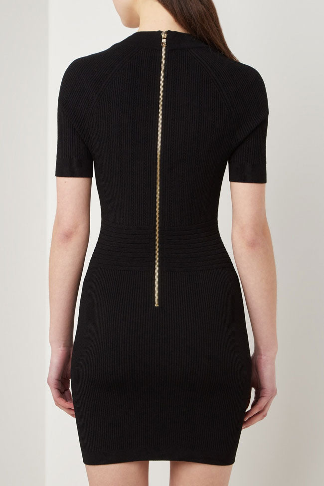 Metal Button Short Sleeve Rib Knit Mini Dress
