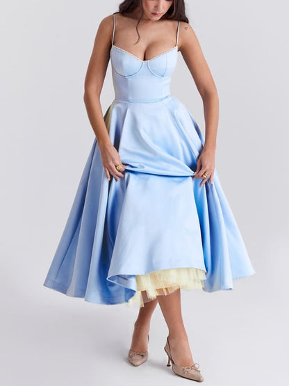 Sweetheart Lace Trim Bustier Spaghetti Strap Tulle Hem Midi Dress