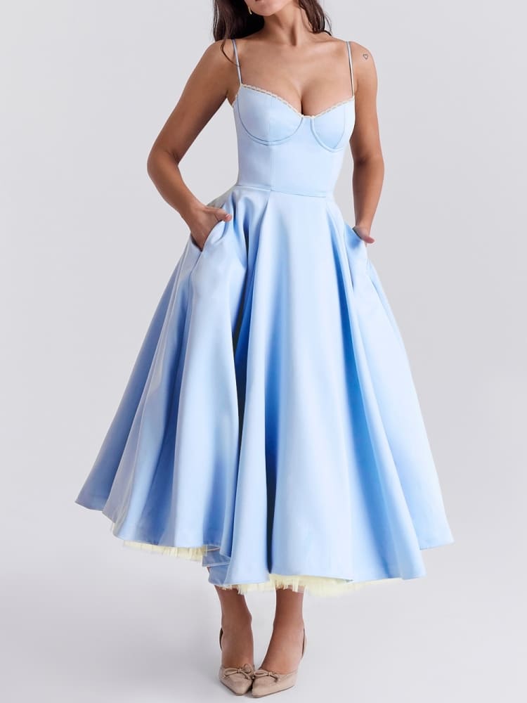 Sweetheart Lace Trim Bustier Spaghetti Strap Tulle Hem Midi Dress