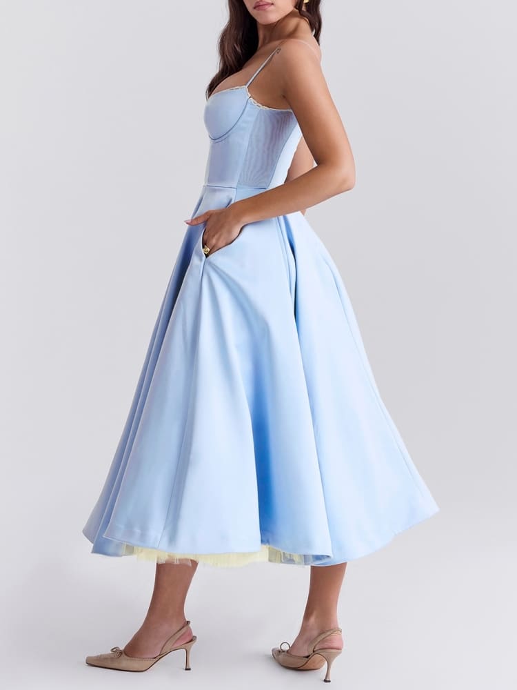 Sweetheart Lace Trim Bustier Spaghetti Strap Tulle Hem Midi Dress