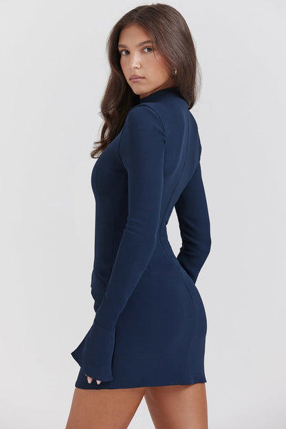 Mock Neck Long Sleeve Flap Pocket Structured Mini Dress