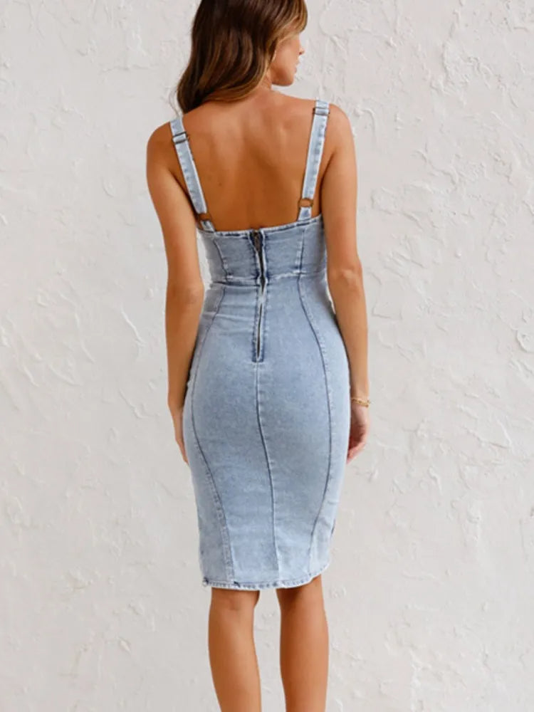 Denim Zip-Front Bustier Princess Seam Side Slit Bodycon Midi Dress
