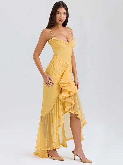 Spaghetti Strap Sweetheart Ruched Cascading Ruffle Front Slit Maxi Gown