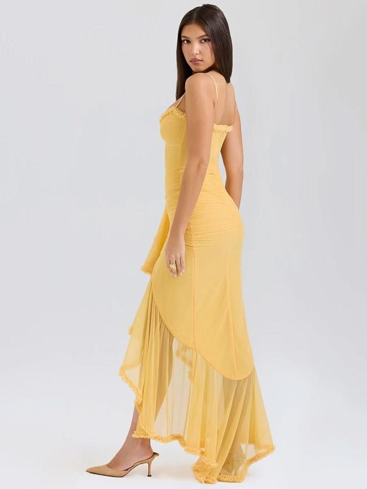 Sweetheart Spaghetti Strap Ruched Cascade Ruffle Maxi Dress