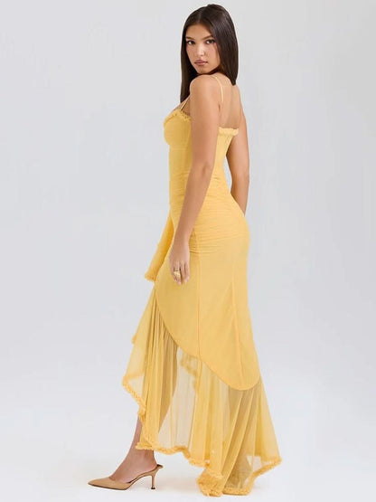 Sweetheart Spaghetti Strap Ruched Cascade Ruffle Maxi Dress
