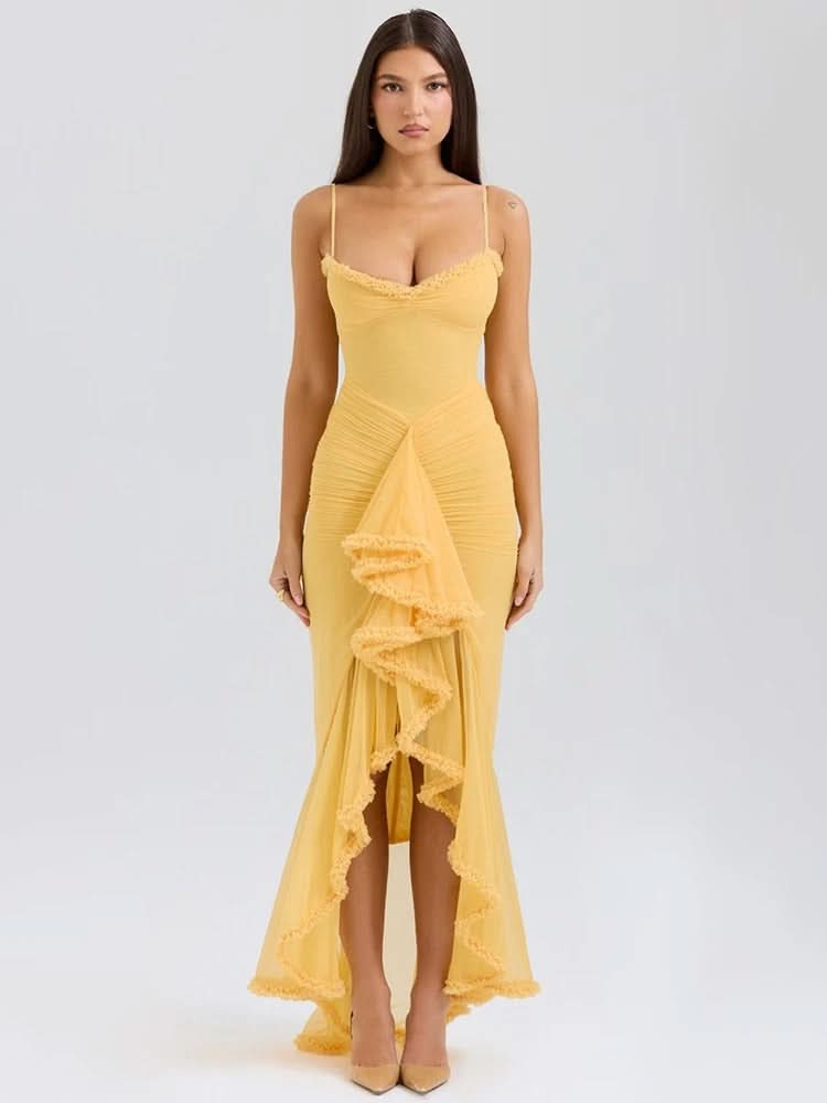 Sweetheart Spaghetti Strap Ruched Cascade Ruffle Maxi Dress