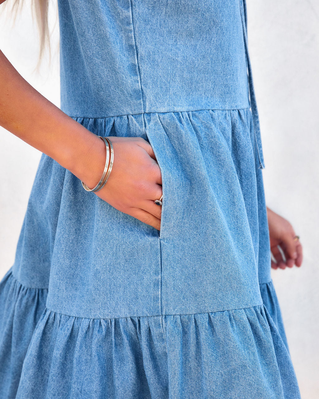 Ruffled Collar Tie Front Tiered Pocketed Denim Babydoll Mini Dress