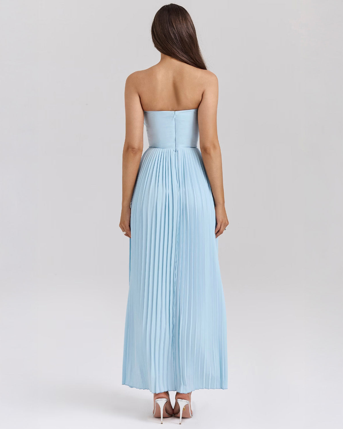 Strapless Sweetheart Accordion Pleat Corset Waist Maxi Dress