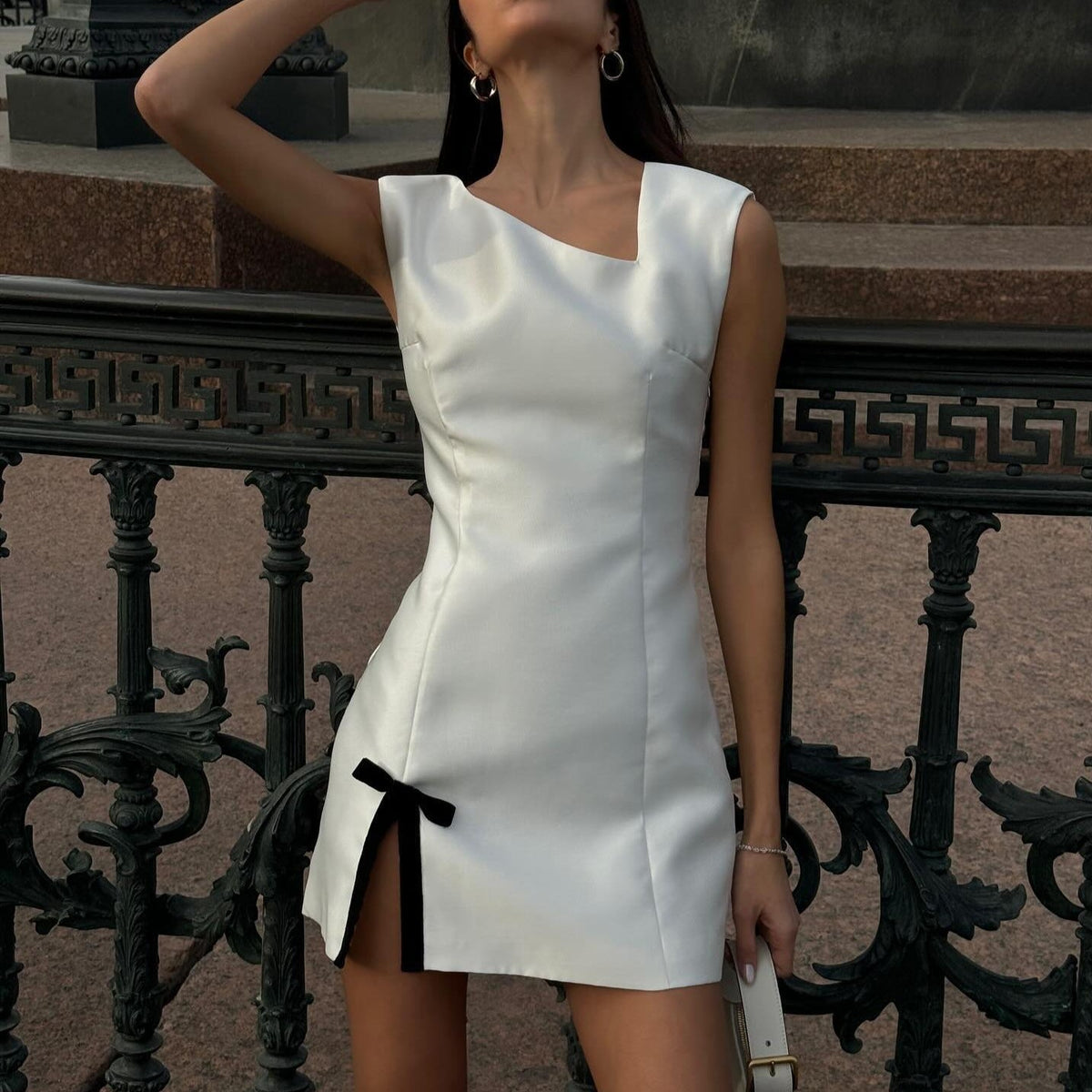 Cowl Neck Ruched Side Tie Satin Bodycon Mini Dress