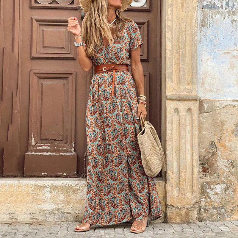 V-Neck Short Sleeve Paisley Print Belted Front Slit Maxi Dress