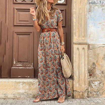 V-Neck Short Sleeve Paisley Print Belted Front Slit Maxi Dress