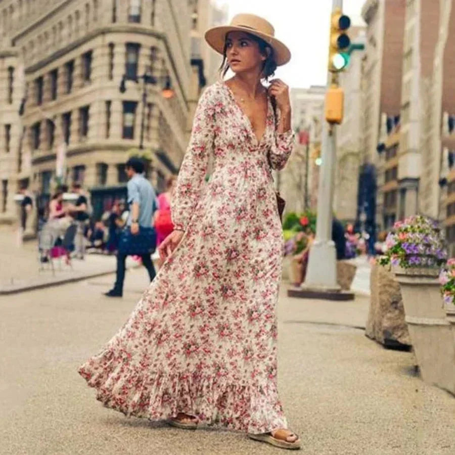 Deep V Neck Bishop Sleeve Smocked Waist Floral Ruffle Hem Maxi Dress