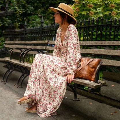 Deep V Neck Long Sleeve Empire Waist Tiered Ruffle Floral Maxi Dress
