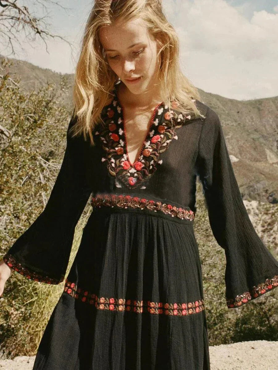 Deep V Embroidered Bell Sleeve Tier Boho Maxi Dress