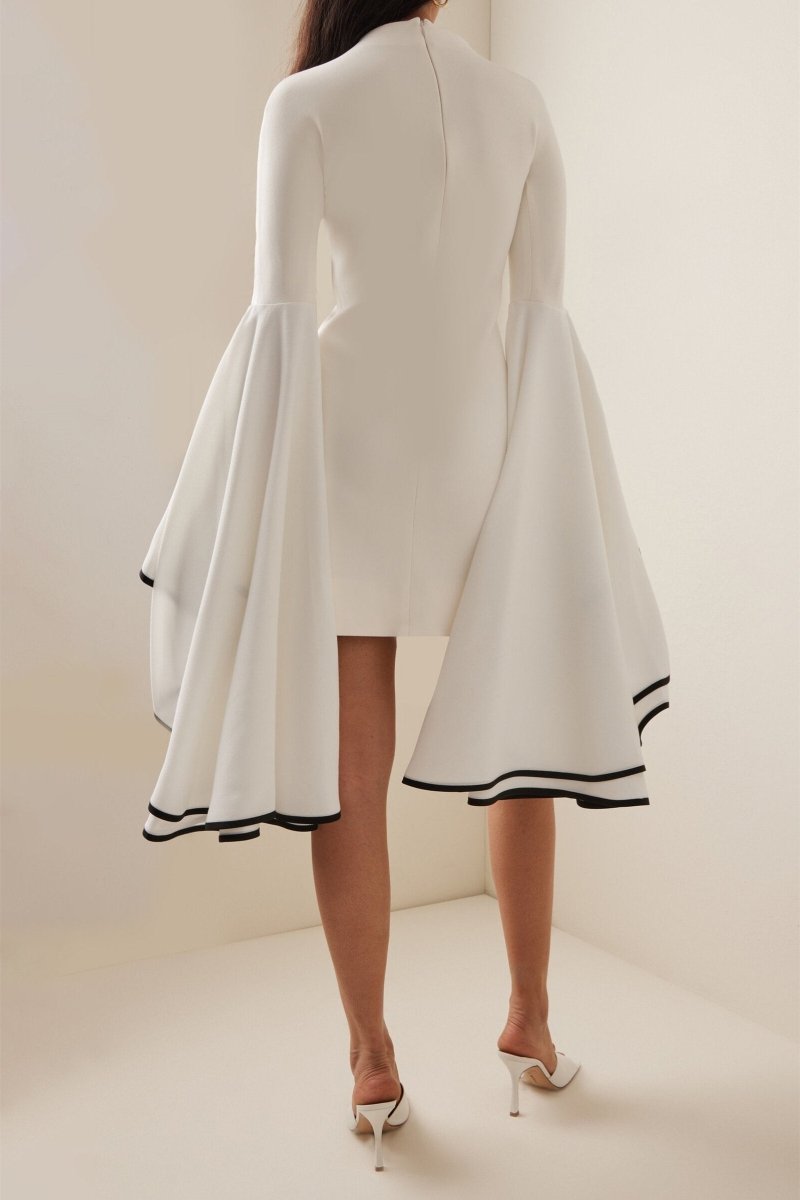 Mock Neck Contrast Trim Dramatic Ruffle Sleeve Shift Mini Dress