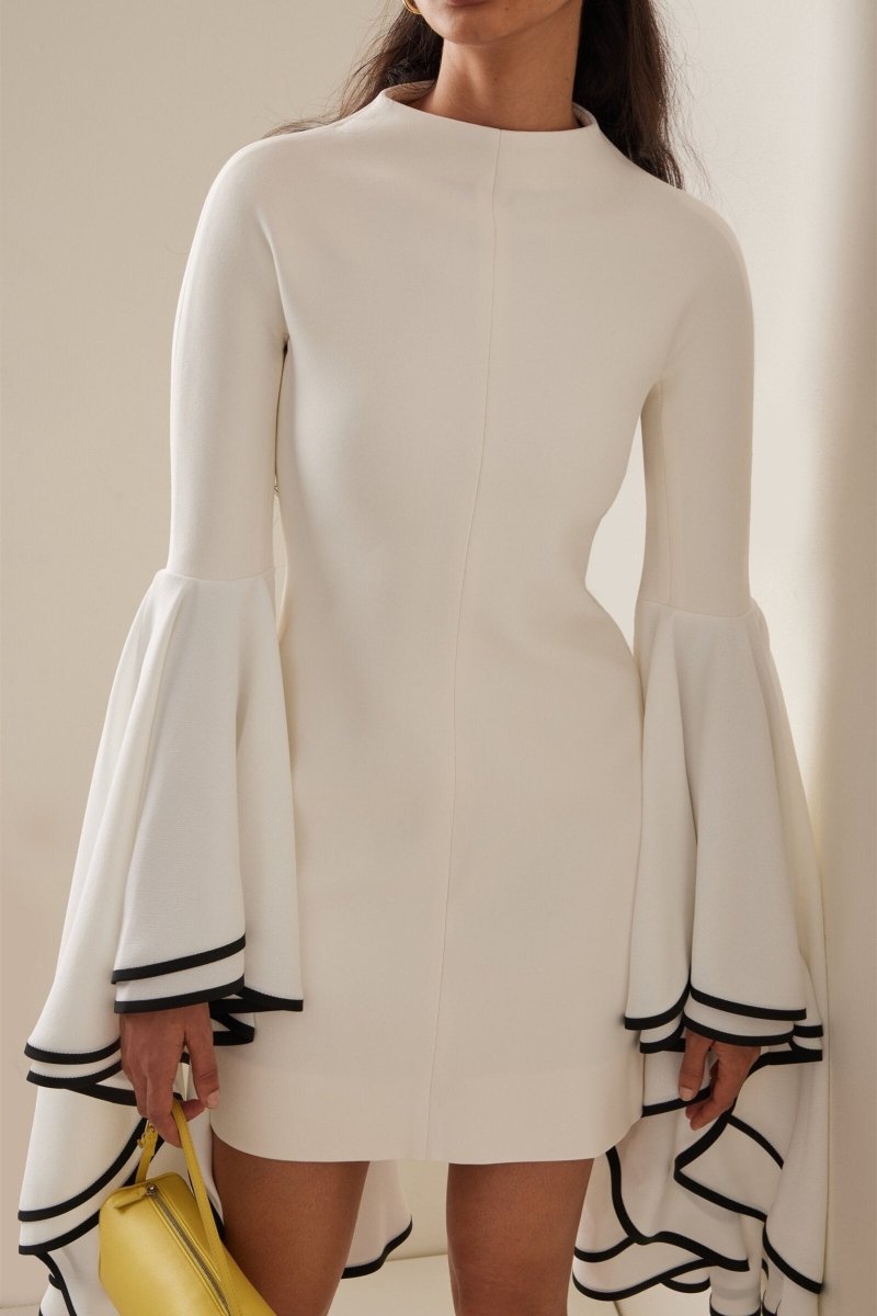 Mock Neck Contrast Trim Dramatic Ruffle Sleeve Shift Mini Dress