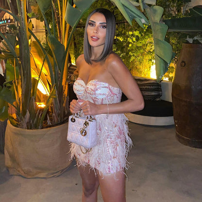 Sweetheart Sequin Feather Fringe Trim Mini Dress