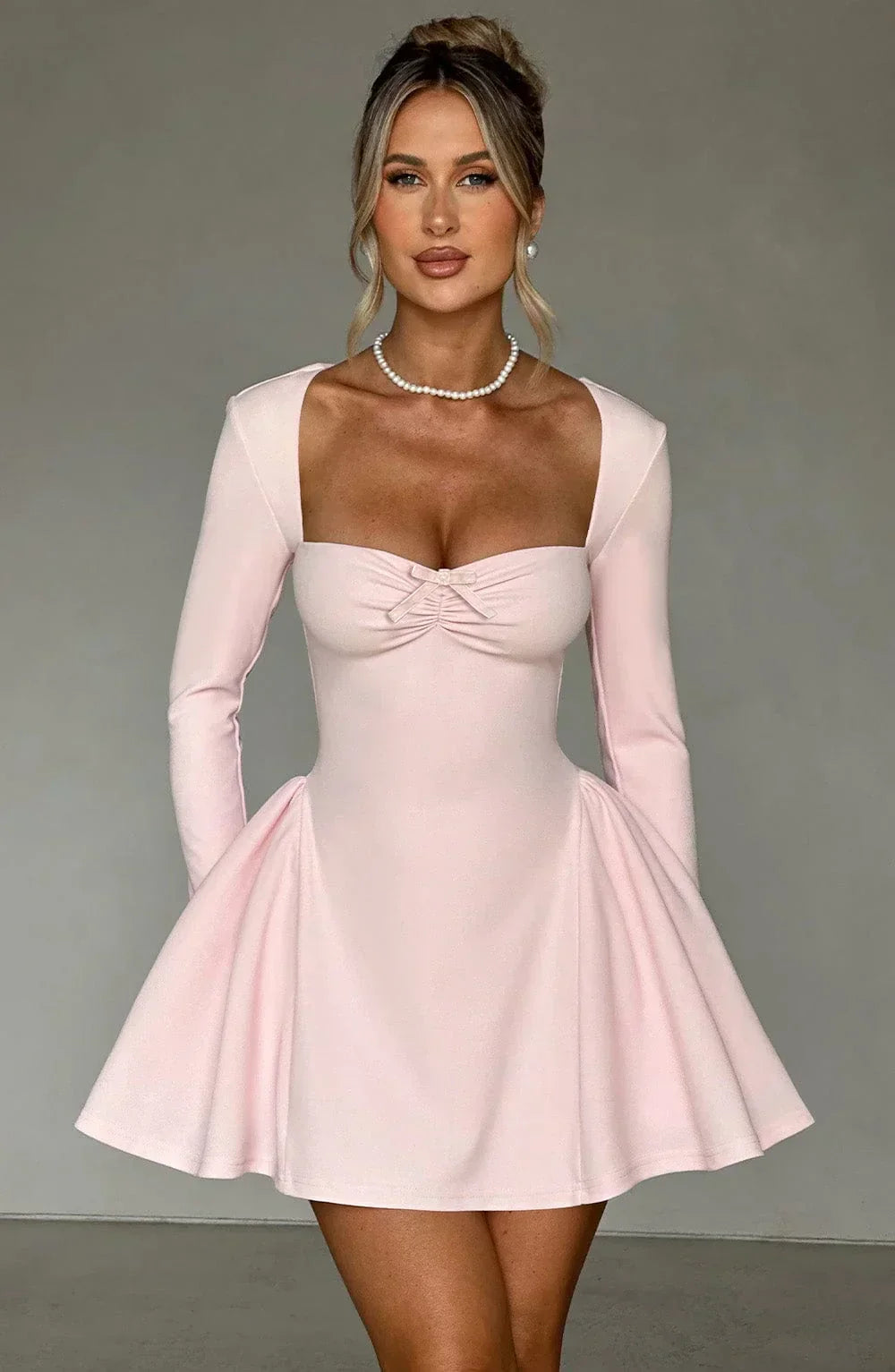 Square Neck Bow Tie Detail Pleated Full Sleeve Fit and Flare Mini Dress