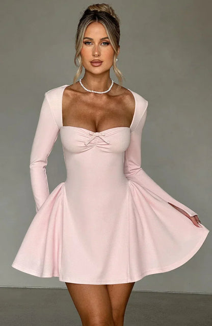 Square Neck Bow Tie Detail Pleated Full Sleeve Fit and Flare Mini Dress