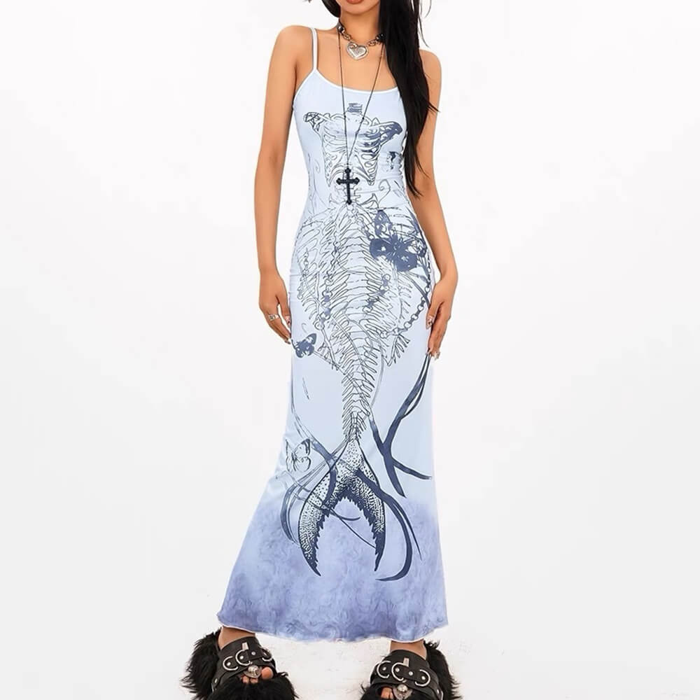 Square Neck Spaghetti Strap Mermaid Skeleton Graphic Bodycon Maxi Dress