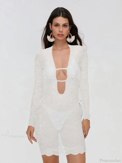 Floral Lace Long Sleeve Deep V Strappy Cutout Bodycon Mini Dress