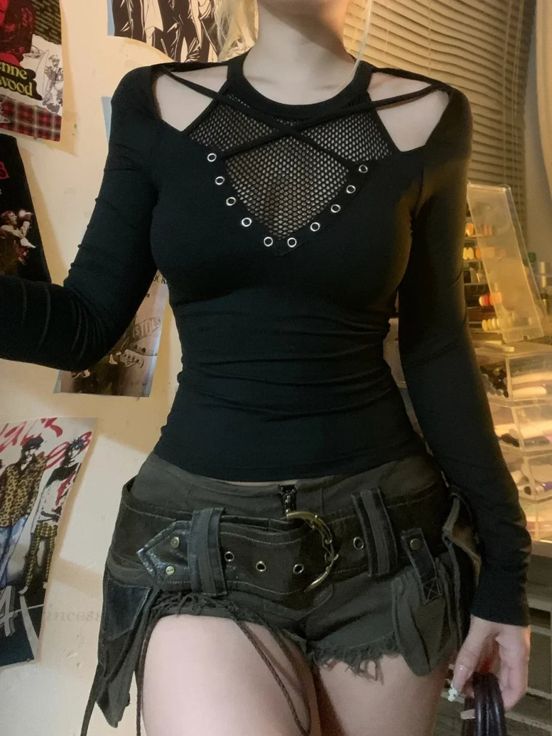 Mesh Hollow Sleeve Knit Top