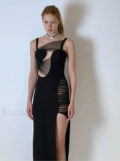 Black Mesh Hollow V-Neck Maxi Dress