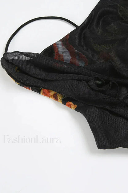 Black Mesh Stitching Irregular Pleated Plant Print Maxi Dress