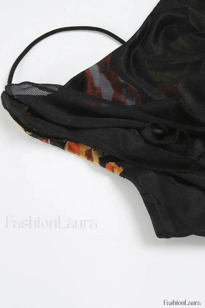 Black Mesh Stitching Irregular Pleated Plant Print Maxi Dress