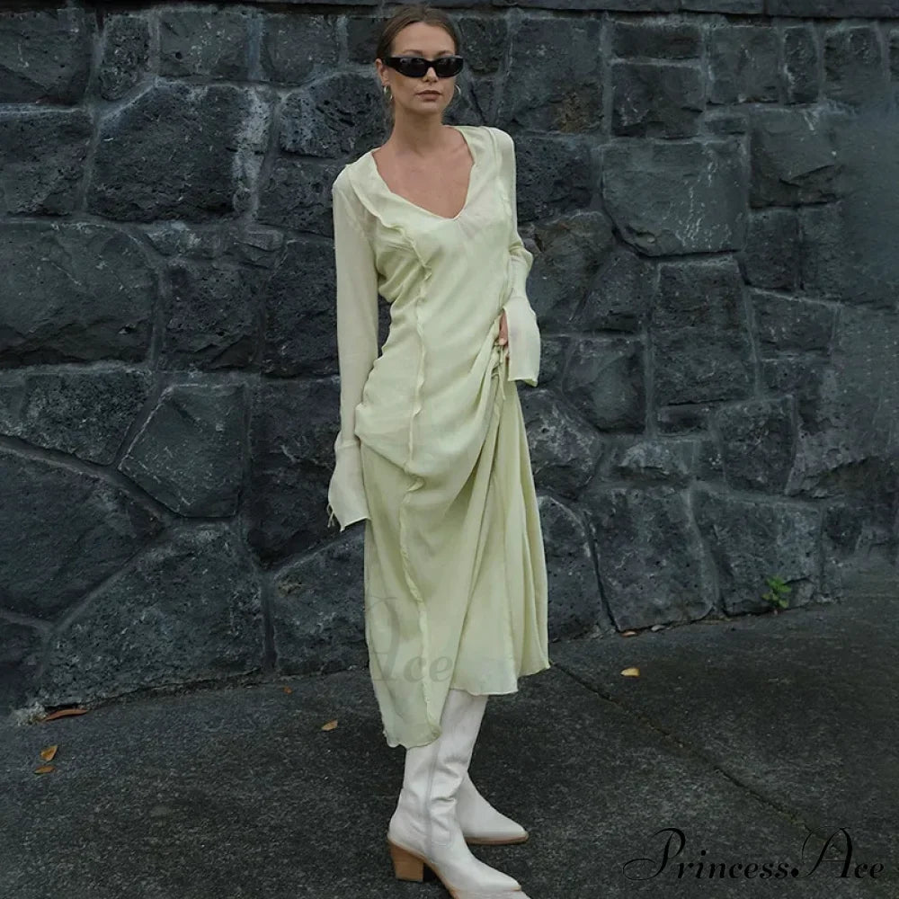 Mesh Transparent Flare Sleeve Cover-Ups Maxi Dress