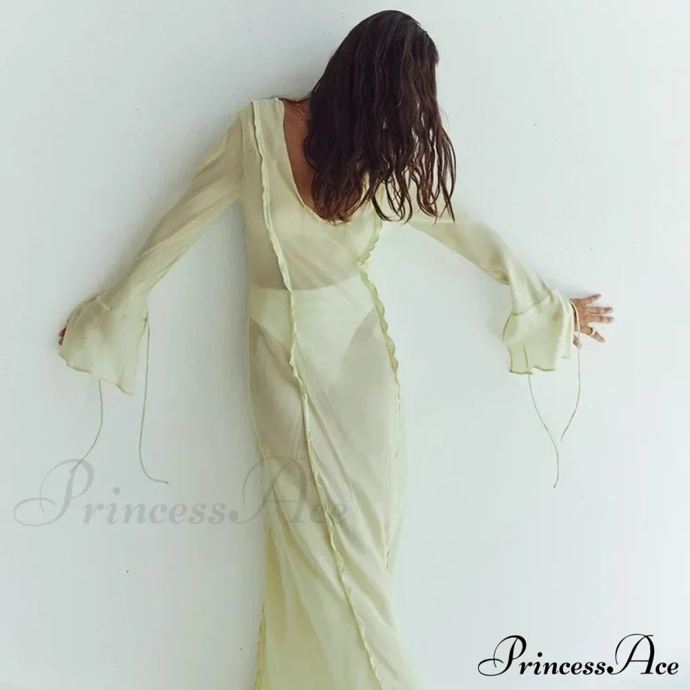 Mesh Transparent Flare Sleeve Cover-Ups Maxi Dress