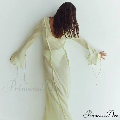 Mesh Transparent Flare Sleeve Cover-Ups Maxi Dress