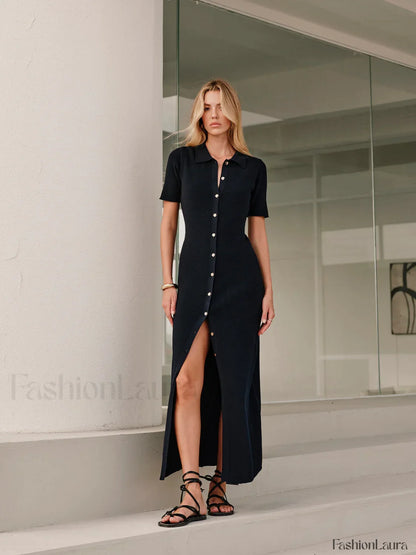 Metal Button Collar Midi Dress