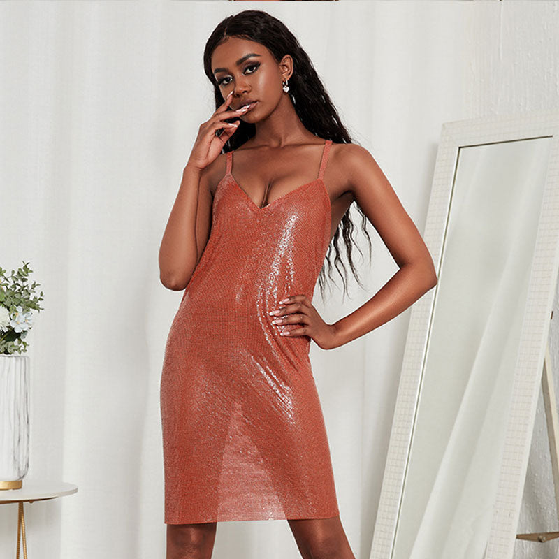 Glitter Mesh V-Neck Spaghetti Strap Slip Party Mini Dress
