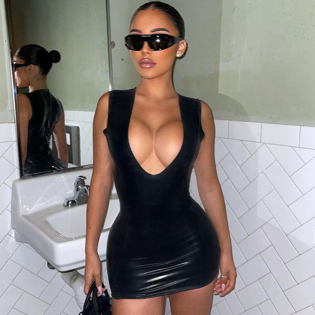 Deep V Neck Sleeveless Faux Leather Bodycon Mini Dress