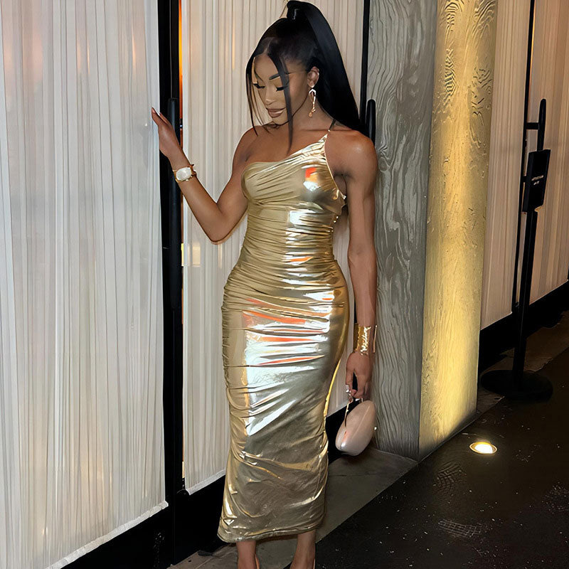 One Shoulder Ruched Metallic Bodycon Maxi Dress