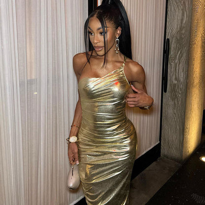One Shoulder Ruched Metallic Bodycon Maxi Dress