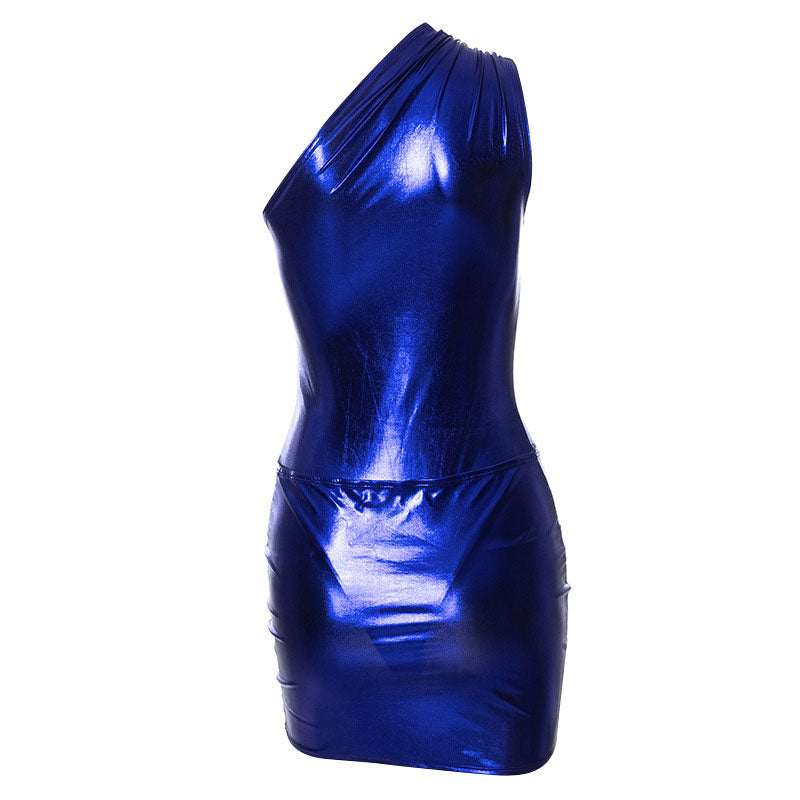 One Shoulder Ruched Twist Front Metallic Bodycon Mini Dress