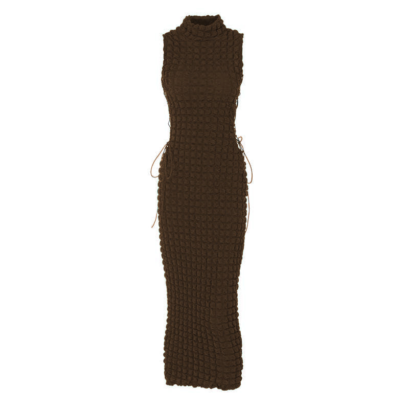 Mock Neck Waffle Texture Lace Up Side Cutout Maxi Dress