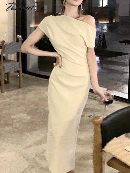 Midi Dress Women Elegant Summer Folds Fashion Evening Party Lady Vestido Vintage Spring Bodycon Design Dresses Female Clothes