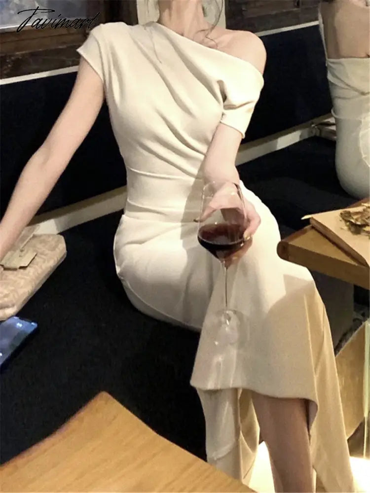 Midi Dress Women Elegant Summer Folds Fashion Evening Party Lady Vestido Vintage Spring Bodycon Design Dresses Female Clothes