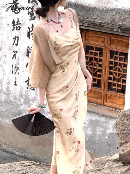 Midi Print Dress Set Women Summer New Elegant Vintage Clothes Holiday Evening Party Prom 2 Piece Korean Dresses Sets Suits