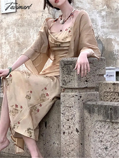 Midi Print Dress Set Women Summer New Elegant Vintage Clothes Holiday Evening Party Prom 2 Piece Korean Dresses Sets Suits