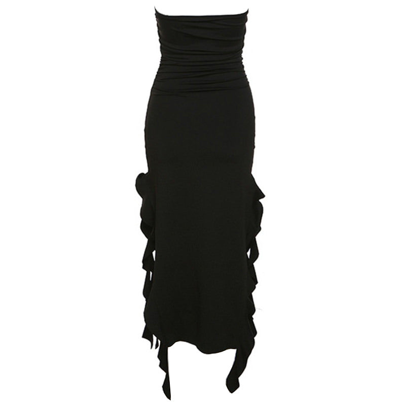 Strapless Ruched Waterfall Ruffle Asymmetric Hem Bodycon Mini Dress