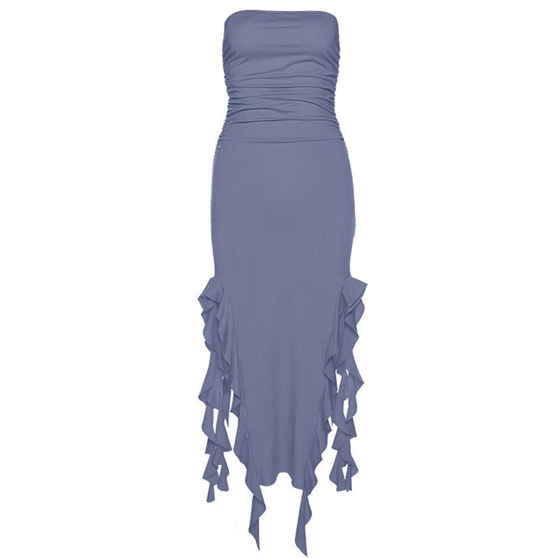 Strapless Ruched Waterfall Ruffle Asymmetric Hem Bodycon Mini Dress